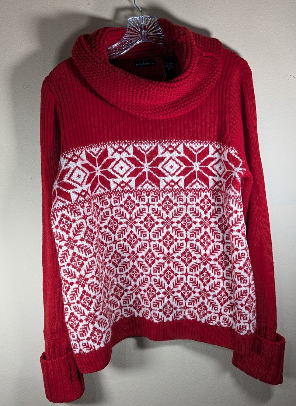 Moda International Cowl kneck sweater snowflake pattern knit wool blend Sz XL